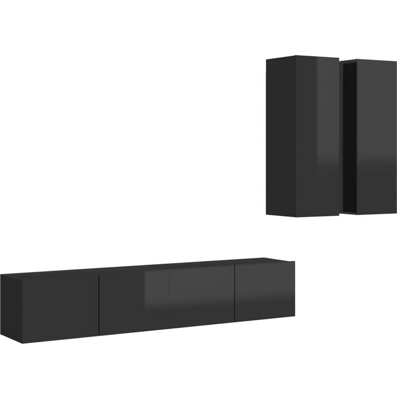 

vidaXL Juego de mueble para TV de 4 piezas aglomerado negro brillante - Negro