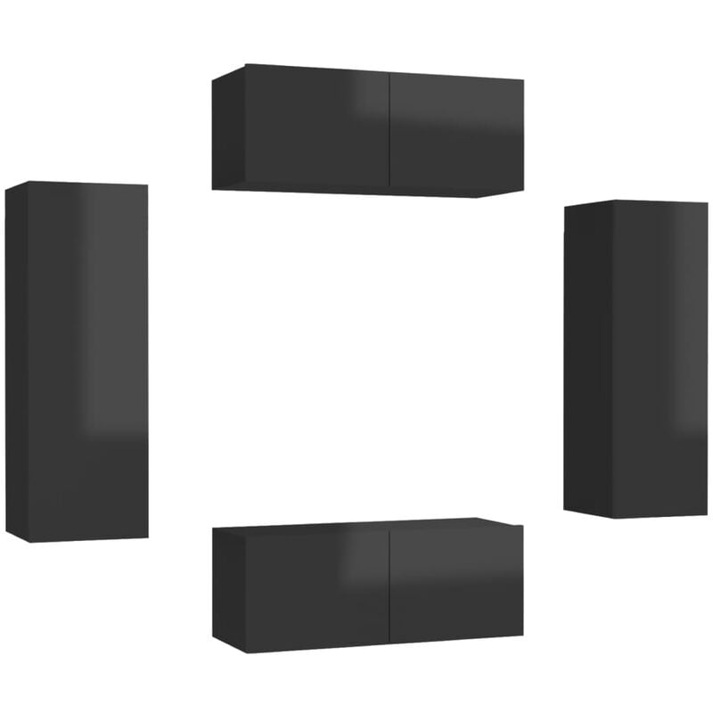 

Juego de mueble para TV de 4 piezas aglomerado negro brillante - Negro - Vidaxl