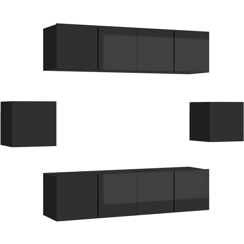 

Juego de mueble para TV de 6 piezas aglomerado negro brillante - Negro - Vidaxl