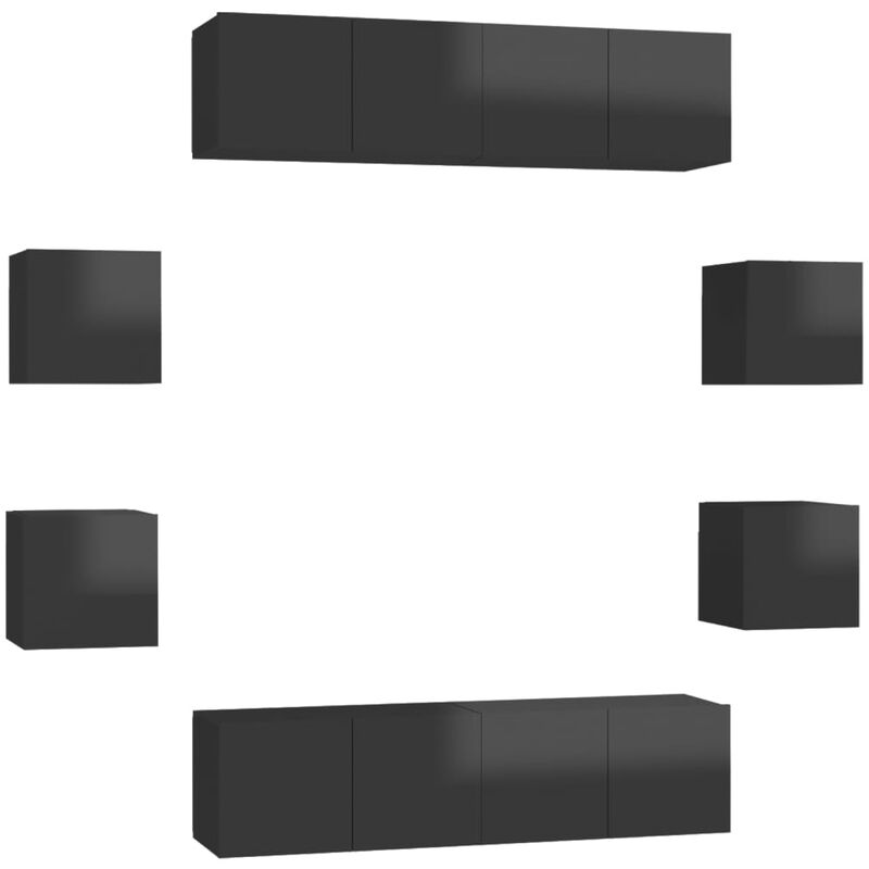 

Juego de mueble para TV de 8 piezas aglomerado negro brillante - Negro - Vidaxl
