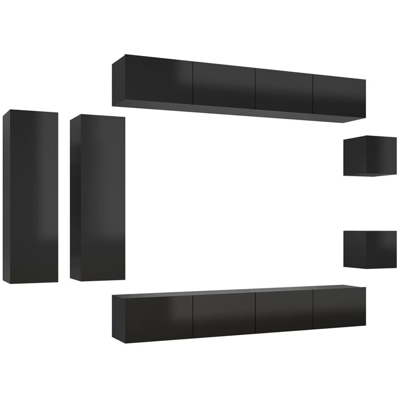 

Juego de mueble para TV de 8 piezas aglomerado negro brillante - Negro - Vidaxl