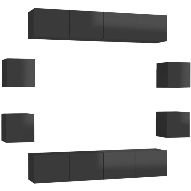 

vidaXL Juego de mueble para TV de 8 piezas aglomerado negro brillante - Negro