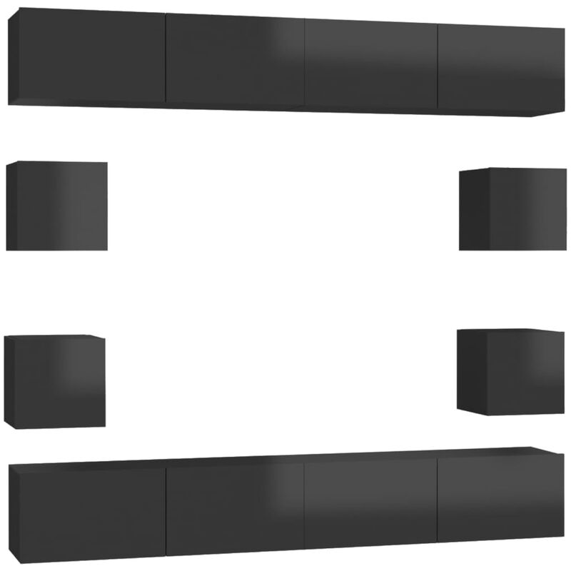 

Juego de mueble para TV de 8 piezas aglomerado negro brillante - Negro - Vidaxl