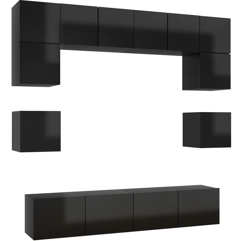 

Juego de mueble para TV de 8 piezas aglomerado negro brillante - Negro - Vidaxl