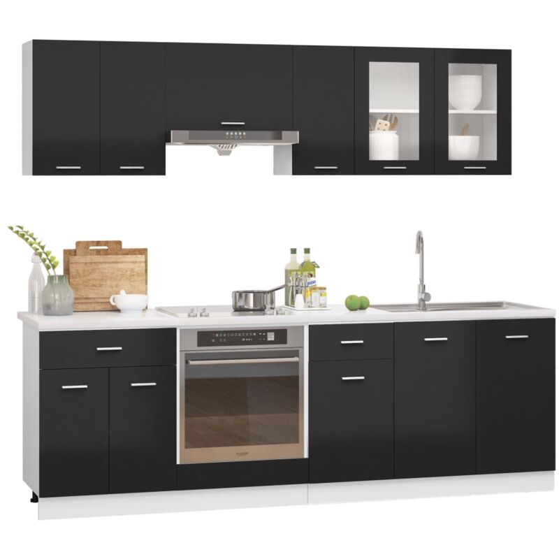 

vidaXL Juego de muebles de cocina 8 piezas aglomerado negro brillo - Negro