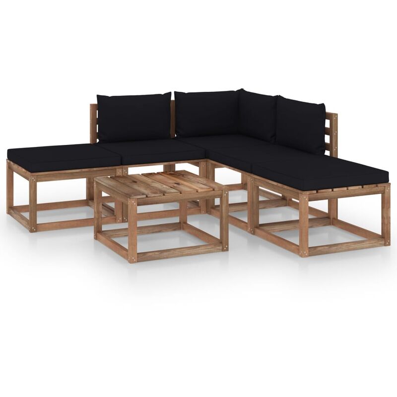 

vidaXL Juego de muebles de jardín 6 piezas con cojines negros - Marrón
