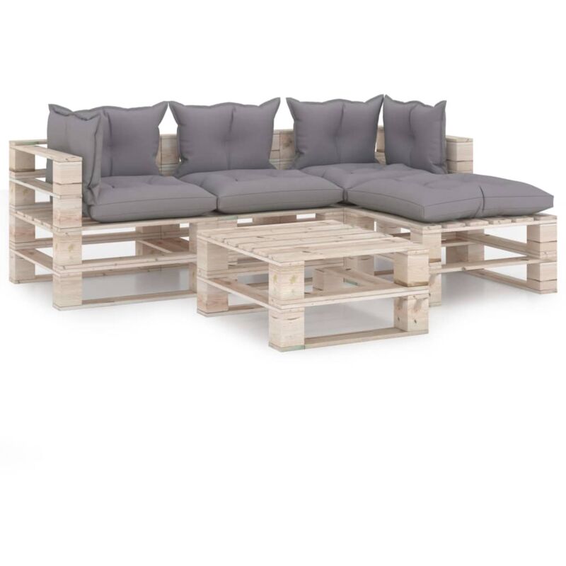 

vidaXL Juego de muebles de jardín de palets 5 pzas cojines madera pino - Gris