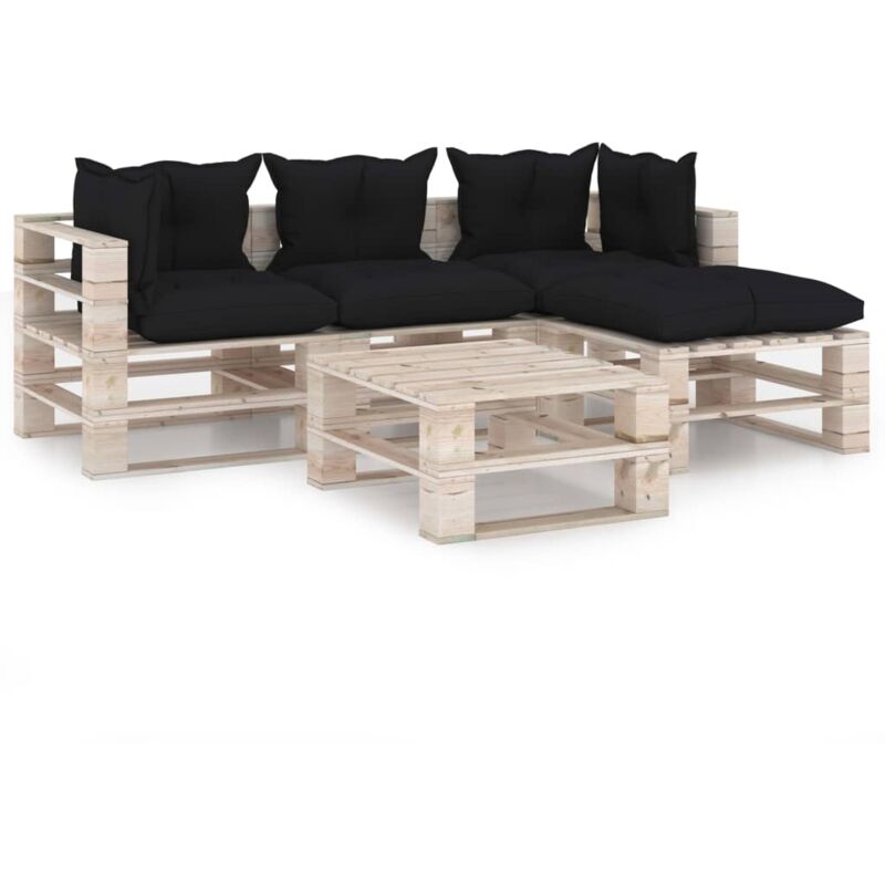 

vidaXL Juego de muebles de jardín de palets 5 pzas cojines madera pino - Negro