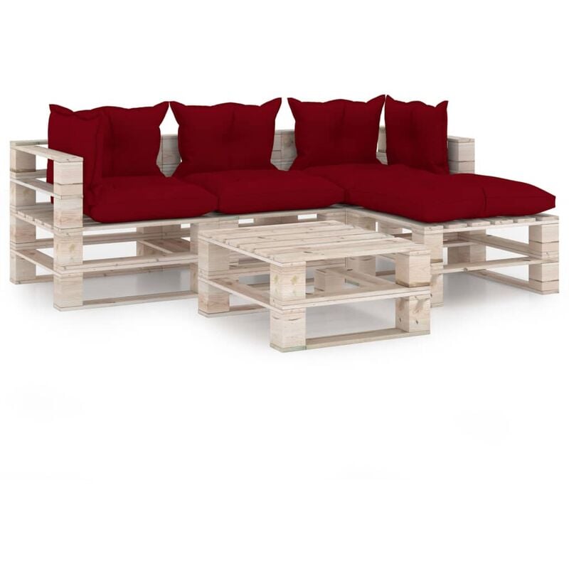 

vidaXL Juego de muebles de jardín de palets 5 pzas cojines madera pino - Rojo