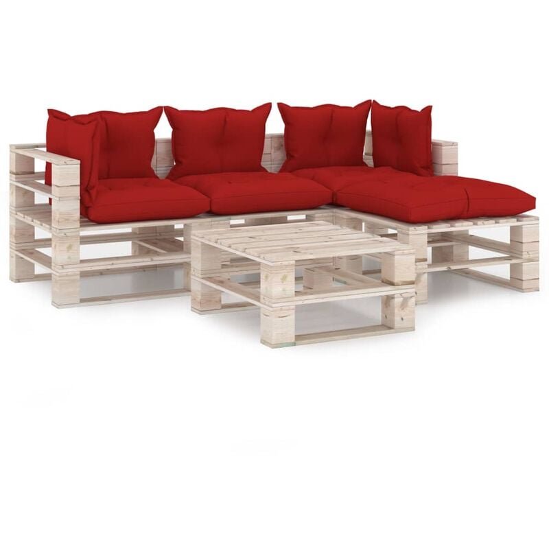 

vidaXL Juego de muebles de jardín de palets 5 pzas cojines madera pino - Rojo