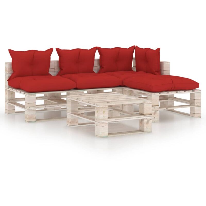 

vidaXL Juego de muebles de jardín de palets 5 pzas cojines madera pino - Rojo