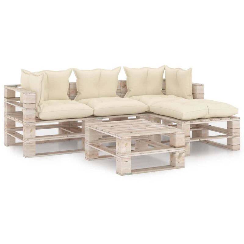 

vidaXL Juego de muebles de jardín de palets 5 pzas cojines madera pino - Crema