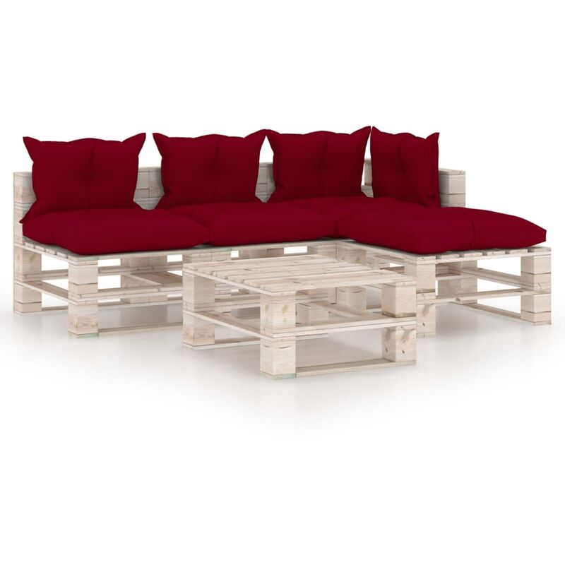 

vidaXL Juego de muebles de jardín de palets 5 pzas cojines madera pino - Rojo