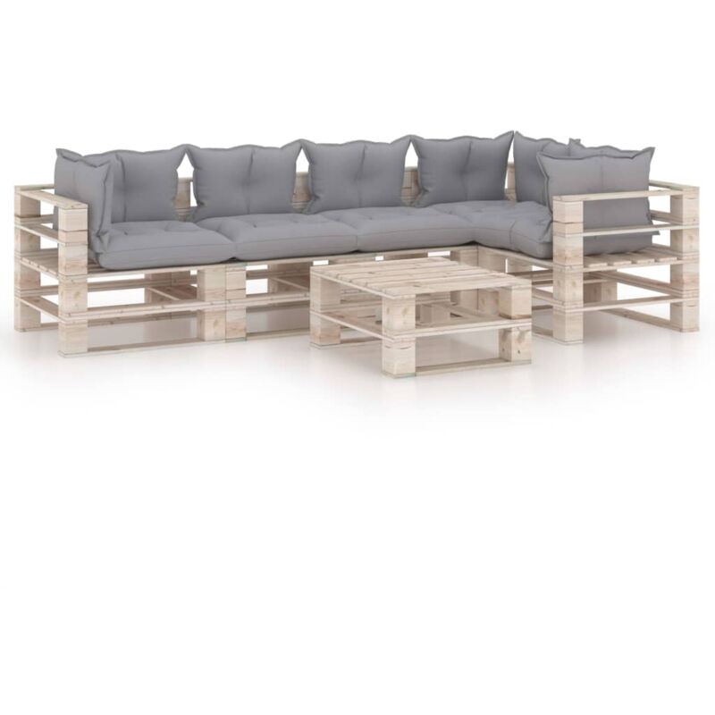 

vidaXL Juego de muebles de jardín de palets 6 pzas cojines madera pino - Gris