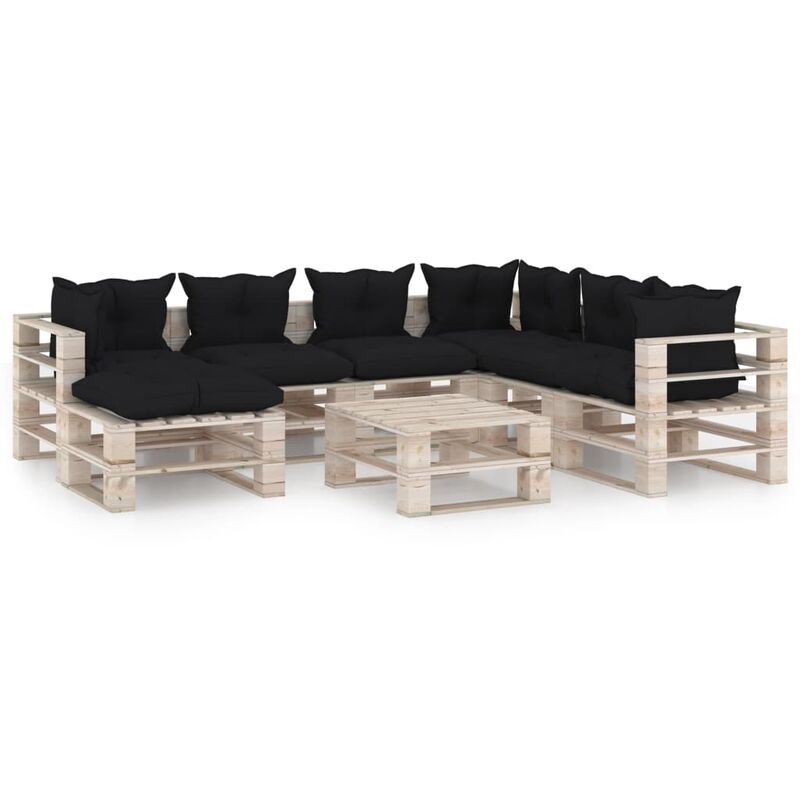 

vidaXL Juego de muebles de jardín de palets 8 pzas cojines madera pino - Negro