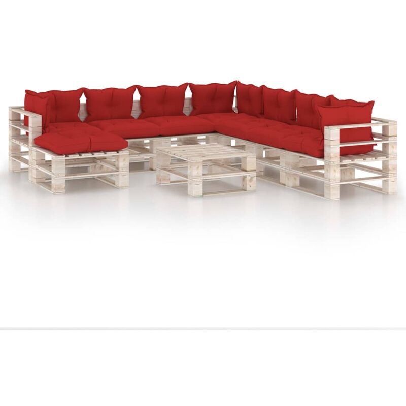 

Juego de muebles de jardín de palets 9 pzas cojines madera pino - Rojo - Vidaxl