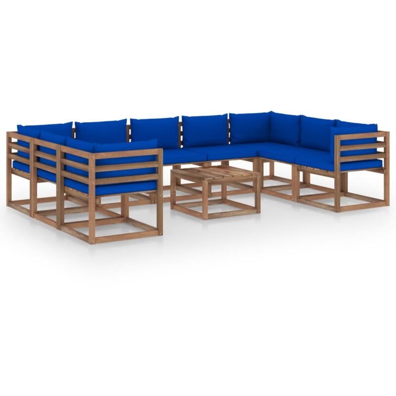 

Juego de muebles de jardín 10 piezas con cojines azul - Marrón - Vidaxl