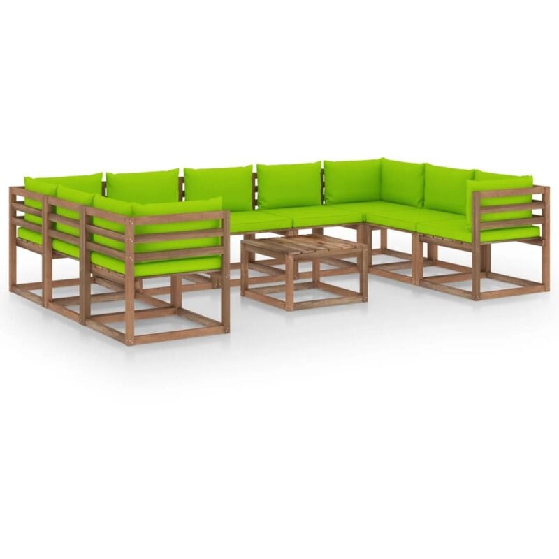 

Juego de muebles de jardín 10 pzas con cojines verde brillante - Marrón - Vidaxl