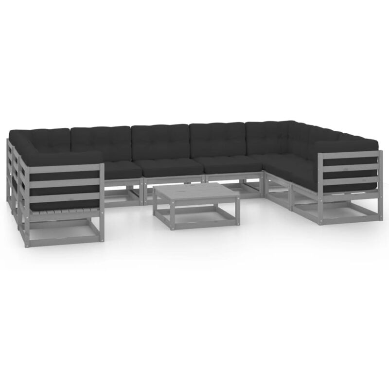 

vidaXL Juego de muebles de jardín 10 pzas y cojines gris madera pino - Gris