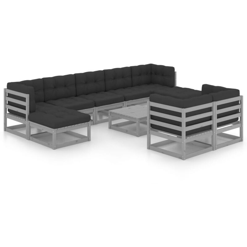 

Juego de muebles de jardín 10 pzas y cojines gris madera pino - Gris - Vidaxl