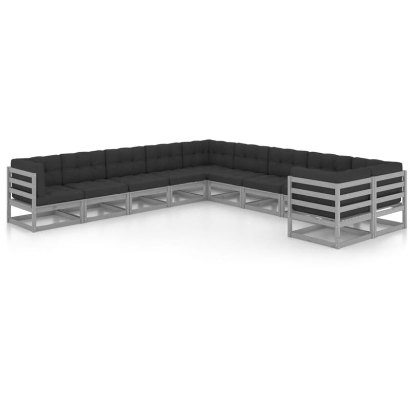 

Juego de muebles de jardín 10 pzas y cojines madera maciza pino - Gris - Vidaxl