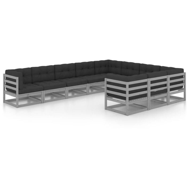 

Juego de muebles de jardín 10 pzas y cojines madera maciza pino - Gris - Vidaxl