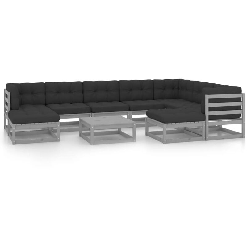

Juego de muebles de jardín 10 pzas y cojines madera pino - Gris - Vidaxl