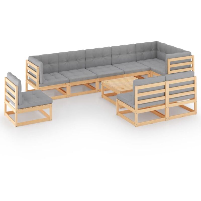 

Juego de muebles de jardín 10 pzas y cojines madera pino maciza - Marrón - Vidaxl