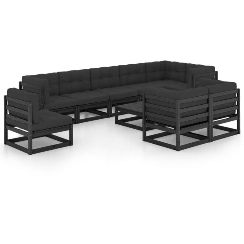 

vidaXL Juego de muebles de jardín 10 pzas y cojines madera pino maciza - Negro