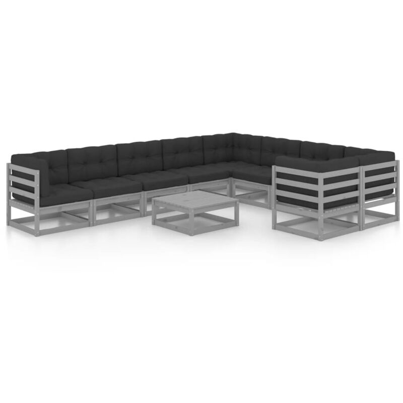 

Juego de muebles de jardín 10 pzas y cojines madera pino maciza - Gris - Vidaxl