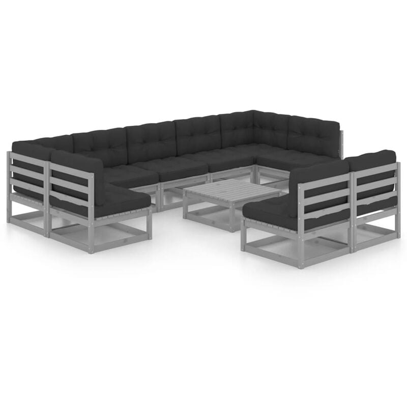 

Juego de muebles de jardín 10 pzas y cojines madera pino maciza - Gris - Vidaxl
