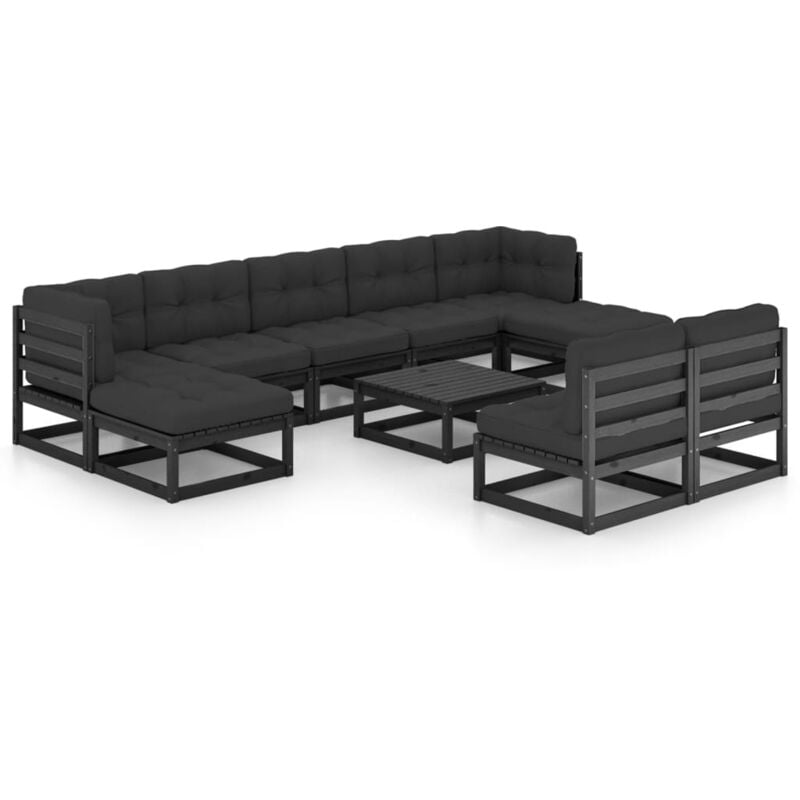 

Juego de muebles de jardín 10 pzas y cojines negro madera pino - Negro - Vidaxl