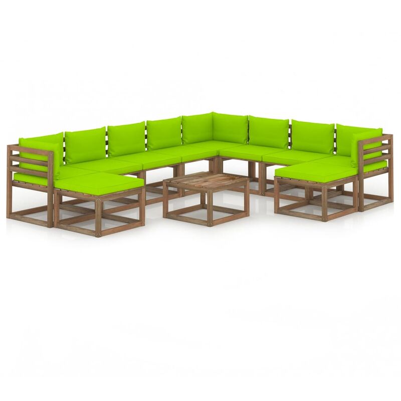 

Juego de muebles de jardín 11 pzas con cojines verde brillante - Marrón - Vidaxl