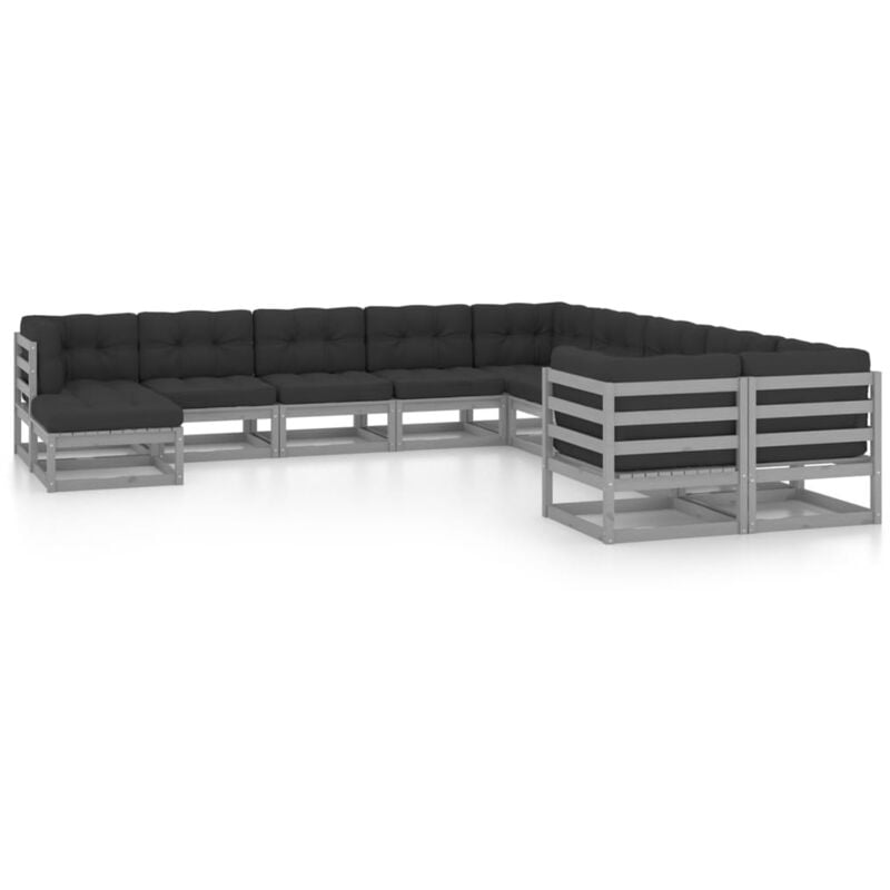 

Juego de muebles de jardín 11 pzas y cojines gris madera pino - Gris - Vidaxl