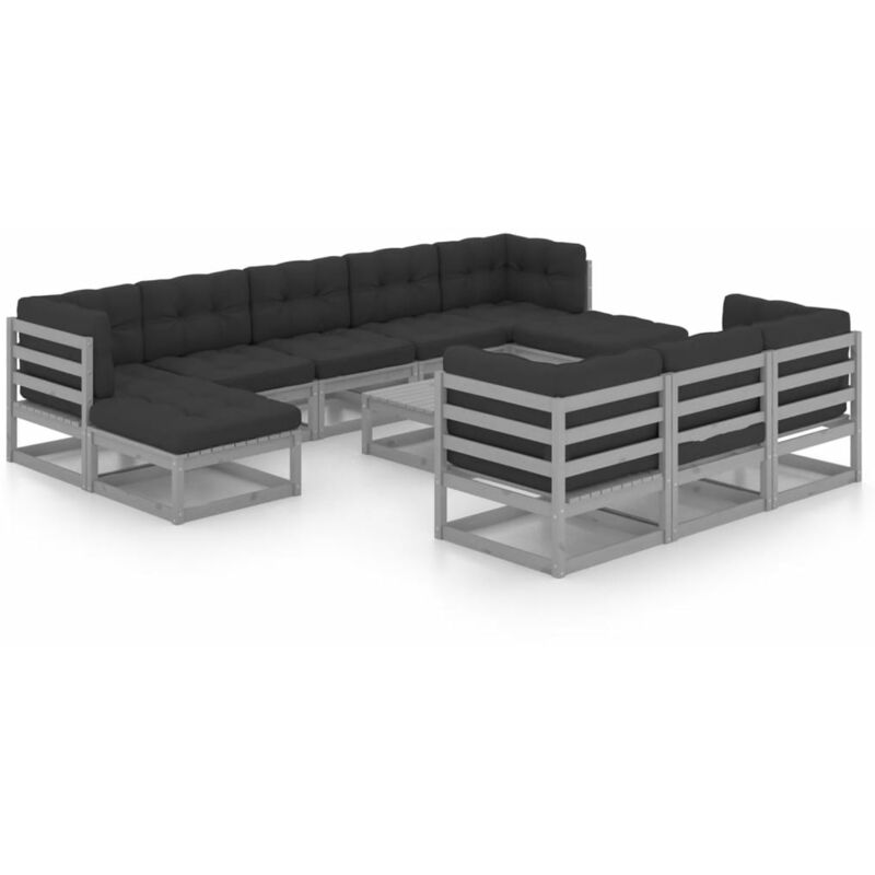 

Juego de muebles de jardín 11 pzas y cojines gris madera pino - Gris - Vidaxl