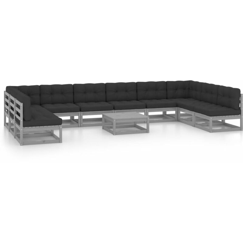 

Juego de muebles de jardín 11 pzas y cojines gris madera pino - Gris - Vidaxl