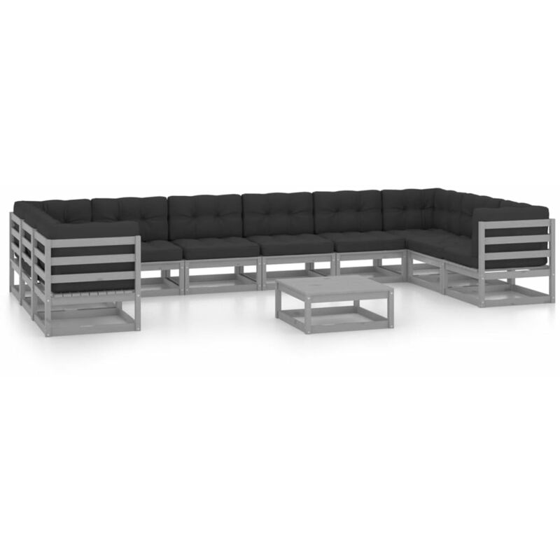 

Juego de muebles de jardín 11 pzas y cojines gris madera pino - Gris - Vidaxl