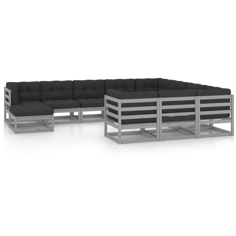 

Juego de muebles de jardín 11 pzas y cojines madera maciza pino - Gris - Vidaxl