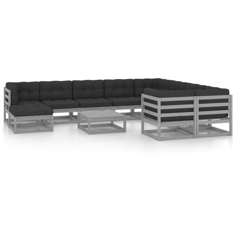

Juego de muebles de jardín 11 pzas y cojines madera pino maciza - Gris - Vidaxl