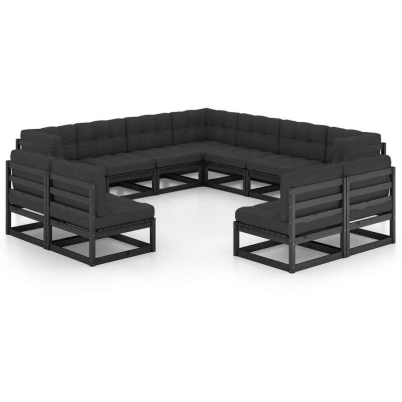 

vidaXL Juego de muebles de jardín 11 pzas y cojines negro madera pino - Negro