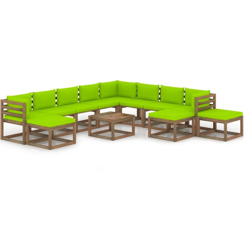 

Juego de muebles de jardín 12 pzas con cojines verde brillante - Marrón - Vidaxl