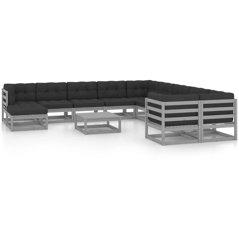 

vidaXL Juego de muebles de jardín 12 pzas y cojines gris madera pino - Gris