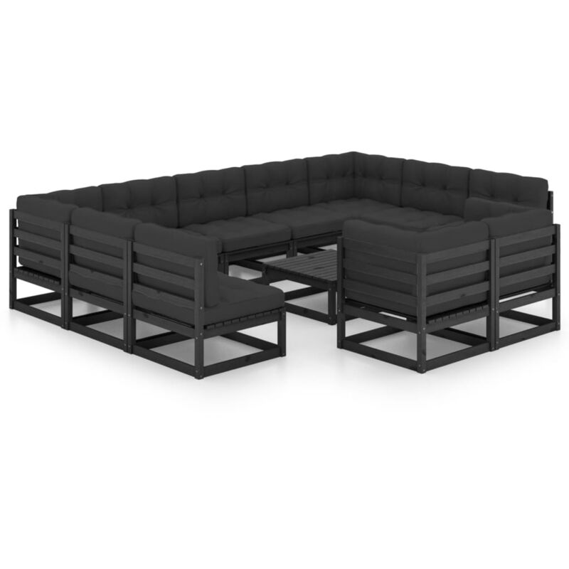 

vidaXL Juego de muebles de jardín 12 pzas y cojines negro madera pino - Negro