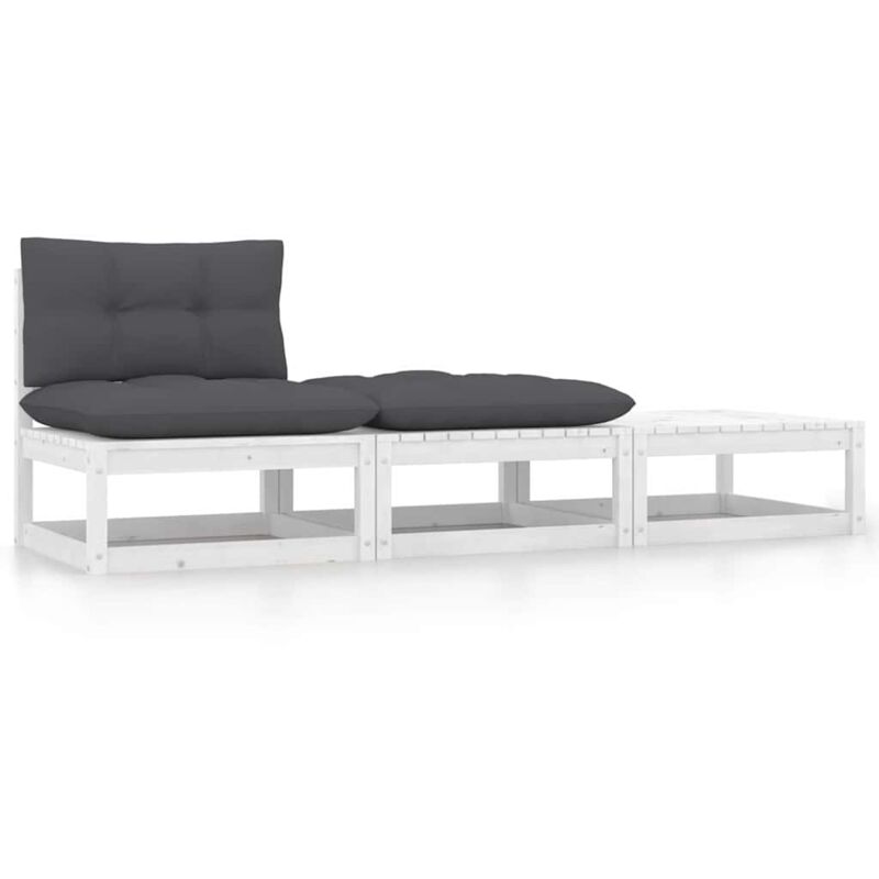 

vidaXL Juego de muebles de jardín 3 pzas y cojines blanco madera pino - Blanco