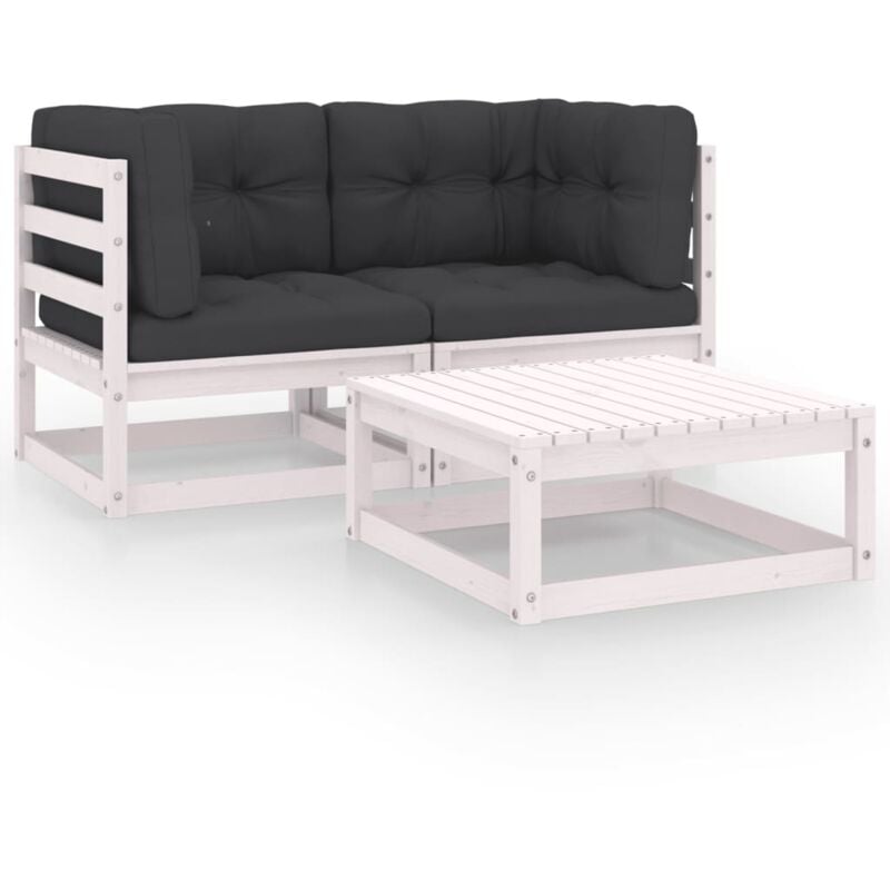 

vidaXL Juego de muebles de jardín 3 pzas y cojines madera pino maciza - Blanco