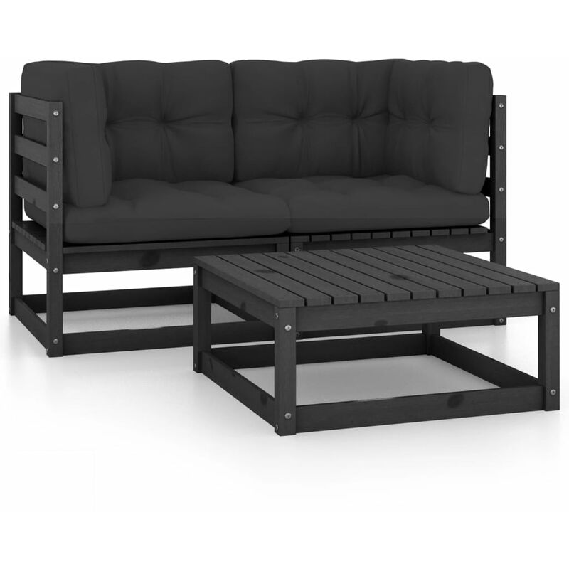 

Juego de muebles de jardín 3 pzas y cojines madera pino maciza - Negro - Vidaxl
