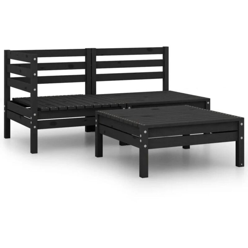 

vidaXL Juego de muebles de jardín 3 pzas y cojines negro madera pino - Negro