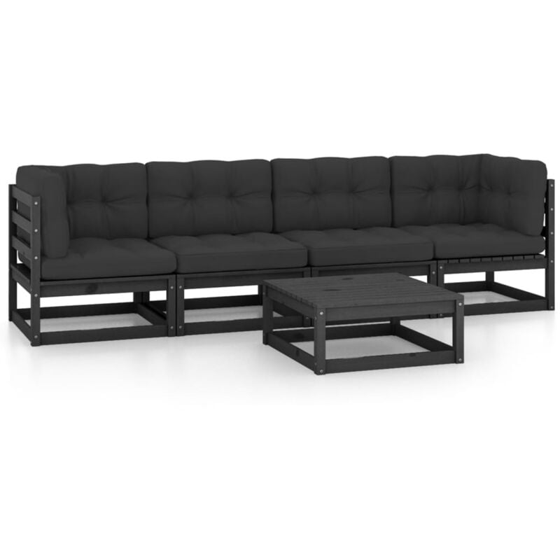 

vidaXL Juego de muebles de jardín 5 pzas y cojines madera pino maciza - Negro