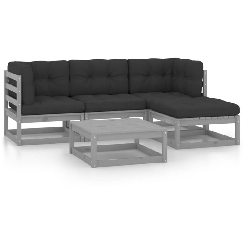 

vidaXL Juego de muebles de jardín 5 pzas y cojines madera pino maciza - Gris