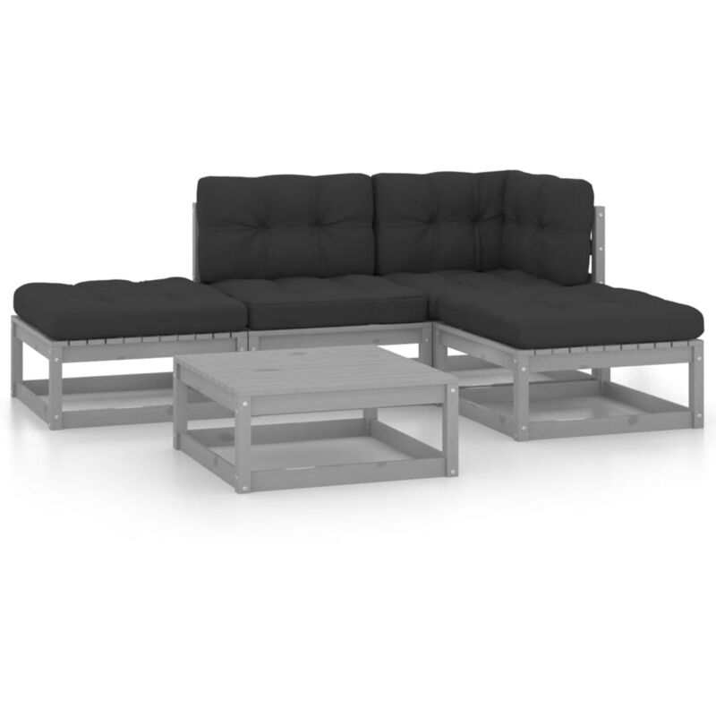 

vidaXL Juego de muebles de jardín 5 pzas y cojines madera pino maciza - Gris